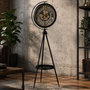 Industrial Round Clock Black Metal Tripod Leg
