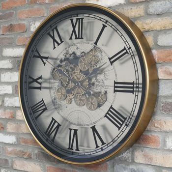 Industrial Wall Round Clock with Cogs Antique Brass and White Metal