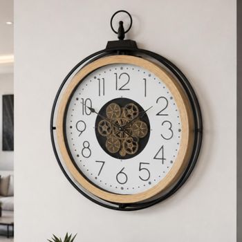 Industrial Wall Round Clock with Cogs Black Wood and Metal