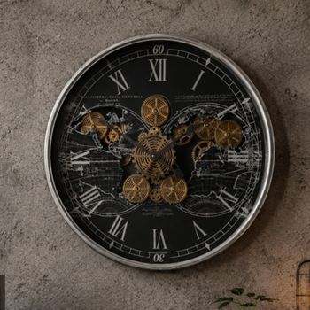 Industrial Wall Round Clock with Cogs Silver and Black Metal