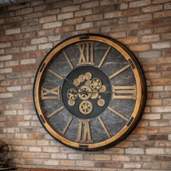 Wall Round Clock with Cogs Gold and Black Wood and Marble Effect