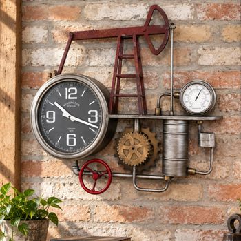 Industrial Wall Clock Steampunk Pipe Silver and Red Metal