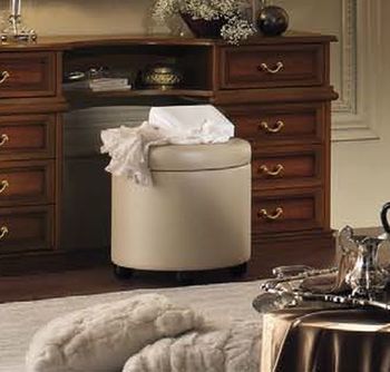 Nostalgia Italian Walnut and Ivory Leather Round Pouffe