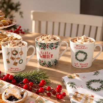 Set of 6 Christmas Spirit Ceramic Mugs White Decor