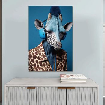 Giraffe with Headphone Tempered Glass Wall Art Blue