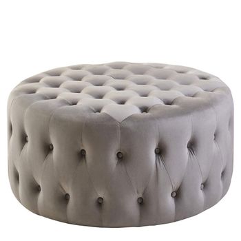 Haley Grey Velvet Fabric Tufted Round Footstool