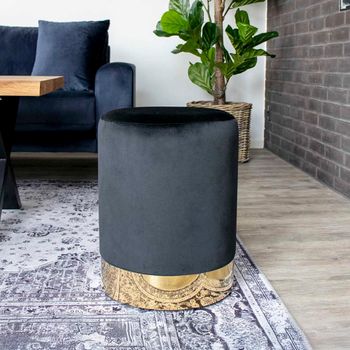 Hampton Pouf Round Black Velvet Fabric Decor