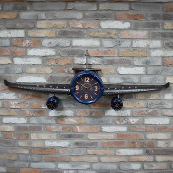 Aeroplane Wall Clock Industrial Style Blue and Black Metal