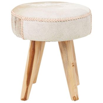 Kendari Beige Leather with Teak Wood Round Footstool