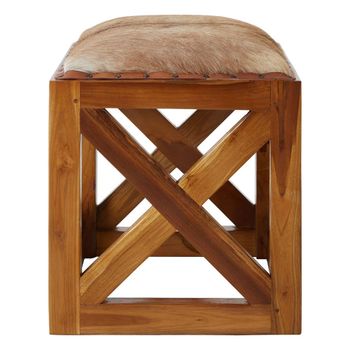 Kendari Brown Goat Leather with Teak Wood Square Footstool