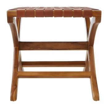 Kendari Square Stool Brown Leather with Teak Wood