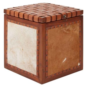 Kendari Storage Stool Brown Leather with Teak Wood