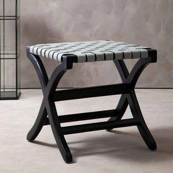 Kendari Square Stool Grey Leather with Teak Wood
