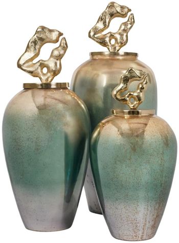 Betany Gold, Green and White Ceramic Medium Jar Vase