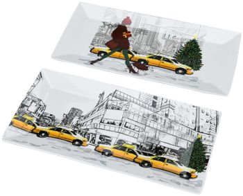 Set of 4 Christmas in NYC 2 Platter Bone China White and Yellow