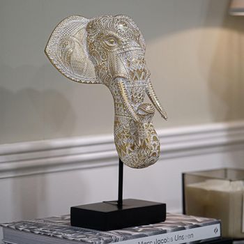 Set of 2 Elephant Head Gold, White and Black Large Sculpture