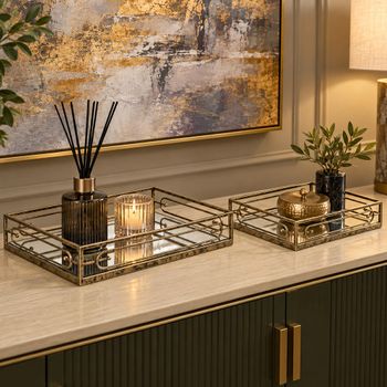 Set of 2 Estela Mirrored Trays Antique Gold Decor