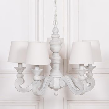 French Style Distressed Chandelier with Shade 5 Branch White Metal