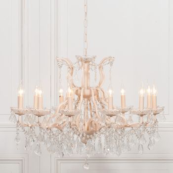 French Style Peach Cream Shallow Cut Glass 12 Branch Large Chandelier