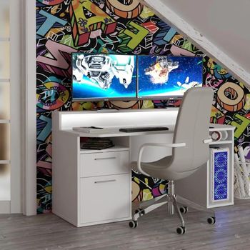 Tezaur Gaming White 1 Door 1 Drawer LED Light Desk