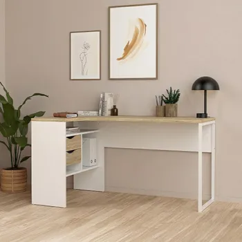 Function Plus White and Oak 2 Drawer Corner Desk