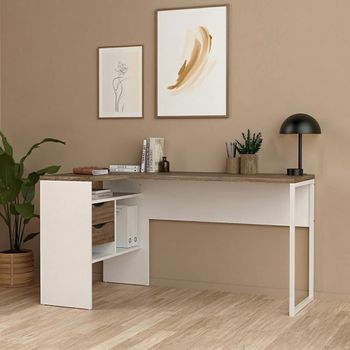 Function Plus White and Truffle Oak 2 Drawer Corner Desk