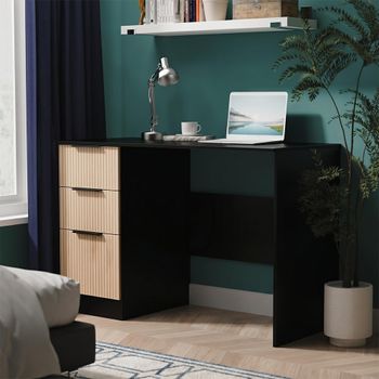 Java Fluted Effect Natural and Black 3 Drawer Desk