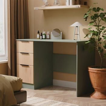 Java Fluted Effect Natural and Reed Green 3 Drawer Desk