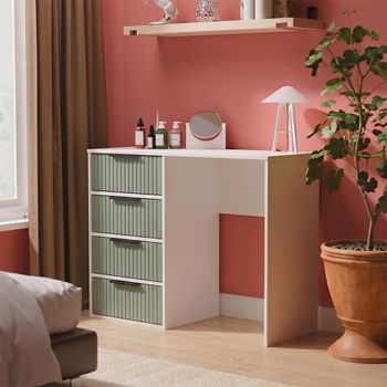 Fluted Reed Green and White Matt 4 Drawer Desk