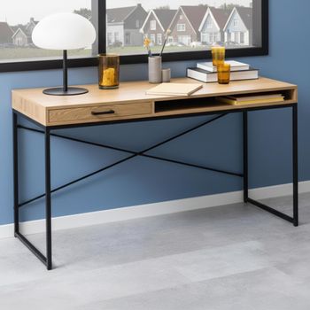 Seaford Oak and Black Metal Large Storage Desk