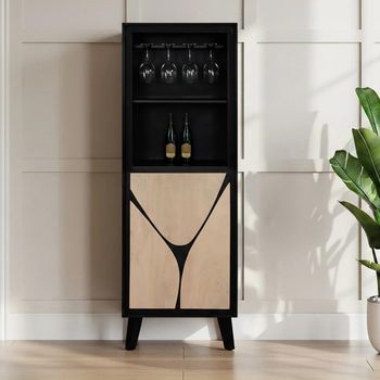 Boho Natural and Black Mango Wood 1 Door Tall Geometric Design Wine Cabinet