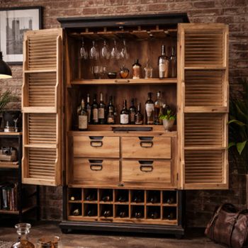 Shutter Fir Wood 2 Door 4 Drawer Bar Cabinet