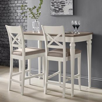 Montreux Grey Washed Oak and Soft Grey Bar Table Set with 2 Grey Bonded Leather Barstools