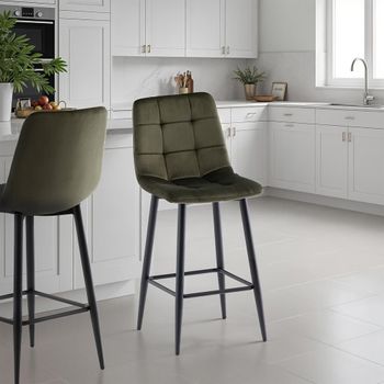 2 x Bella Counter Stools Juniper Green Velvet Fabric