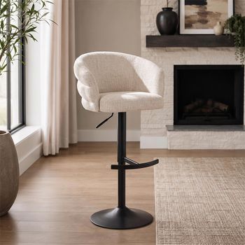 Nikki Swivel Beige and Black Fabric and Metal Adjustable Height Curved Back Barstool