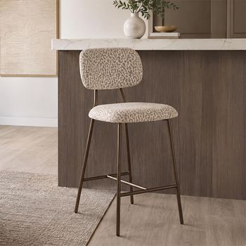 2 x Xenia Counter Stool Leopard Beige Fabric and Metal