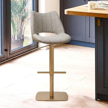 2 x Contour Adjustable Height Barstools Curved Back Olive and Gold Fabric and Metal