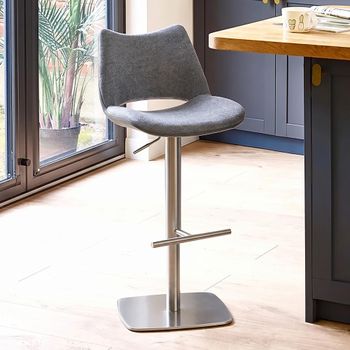 2 x Contour Adjustable Height Barstools Curved Back Slate Grey and Chrome Fabric and Metal