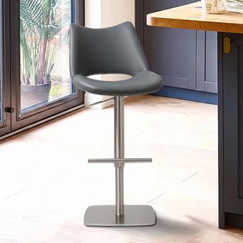 2 x Contour Adjustable Height Barstools Curved Back Slate Grey and Chrome Faux Leather and Metal