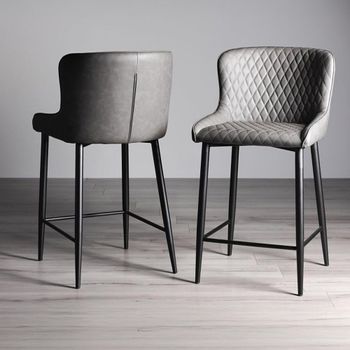 2 x Cezanne Barstools Dark Grey Faux Leather Black Legs