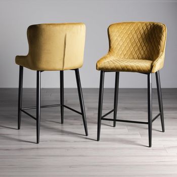 2 x Cezanne Barstools Mustard Velvet Black Legs