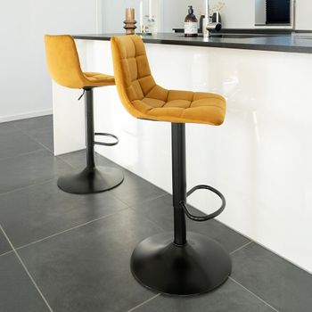 2 x Middelfart Mustard Yellow Velvet Fabric Adjustable Barstool with Back