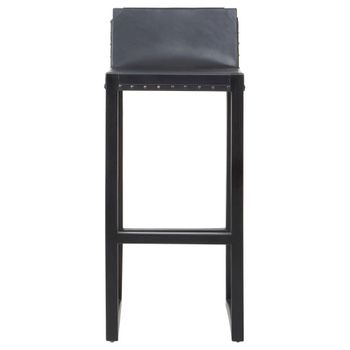 Kendari Black Leather and Teak Wood Barstool with Back