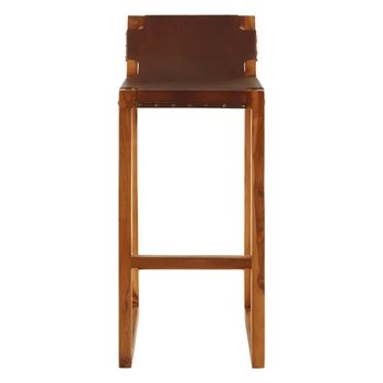 Kendari Brown Leather and Teak Wood Barstool with Back