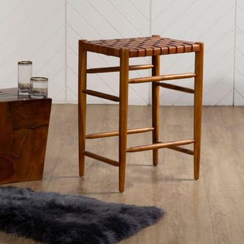 Kendari Brown Leather with Teak Wood Barstool