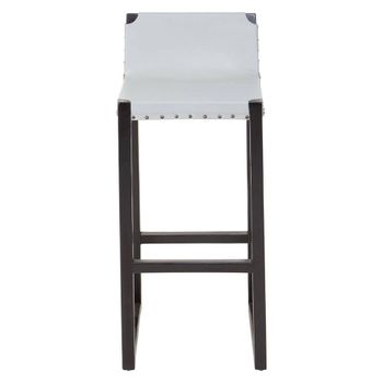 Kendari Grey Leather and Teak Wood Barstool with Back