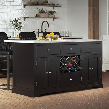Black 4 Door 4 Drawer Kitchen Island with White Granite Top