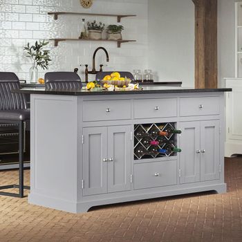 Grey 4 Door 4 Drawer Kitchen Island with Black Granite Top