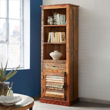 Coastal Reclaimed Wood 1 Drawer Narrow Bookcase with Cupboard