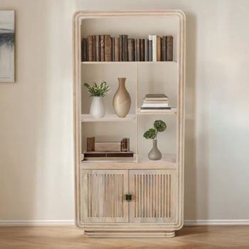 Hudson Mango Wood Ribbed Carved Bookcase with Cupboard